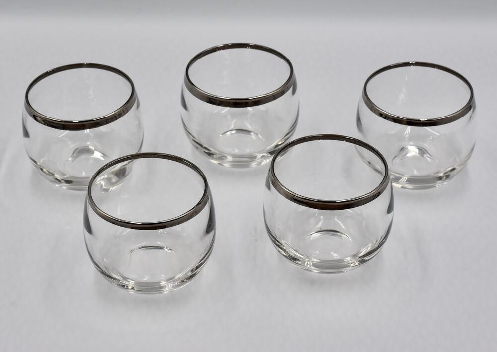 Dorothy Thorpe Silver Band Roly Poly Glasses Mid Century Modern Barware 5pc